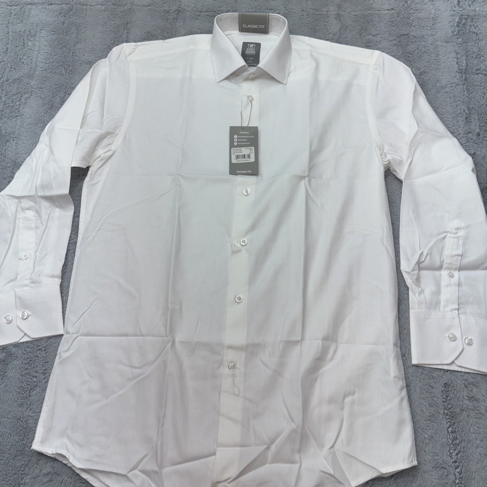 NWT Stacy Adams‎ Classic Fit Dress Shirt White Med Cotton Blend Formal Button Up